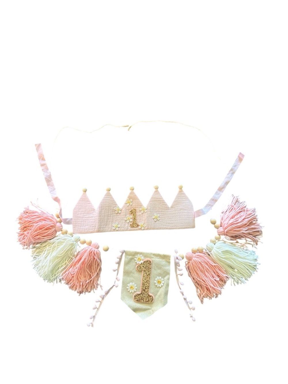 Boho Pastel 1st Birthday Crown & Tassel Banner Set - Pink Mint Gold Daisy